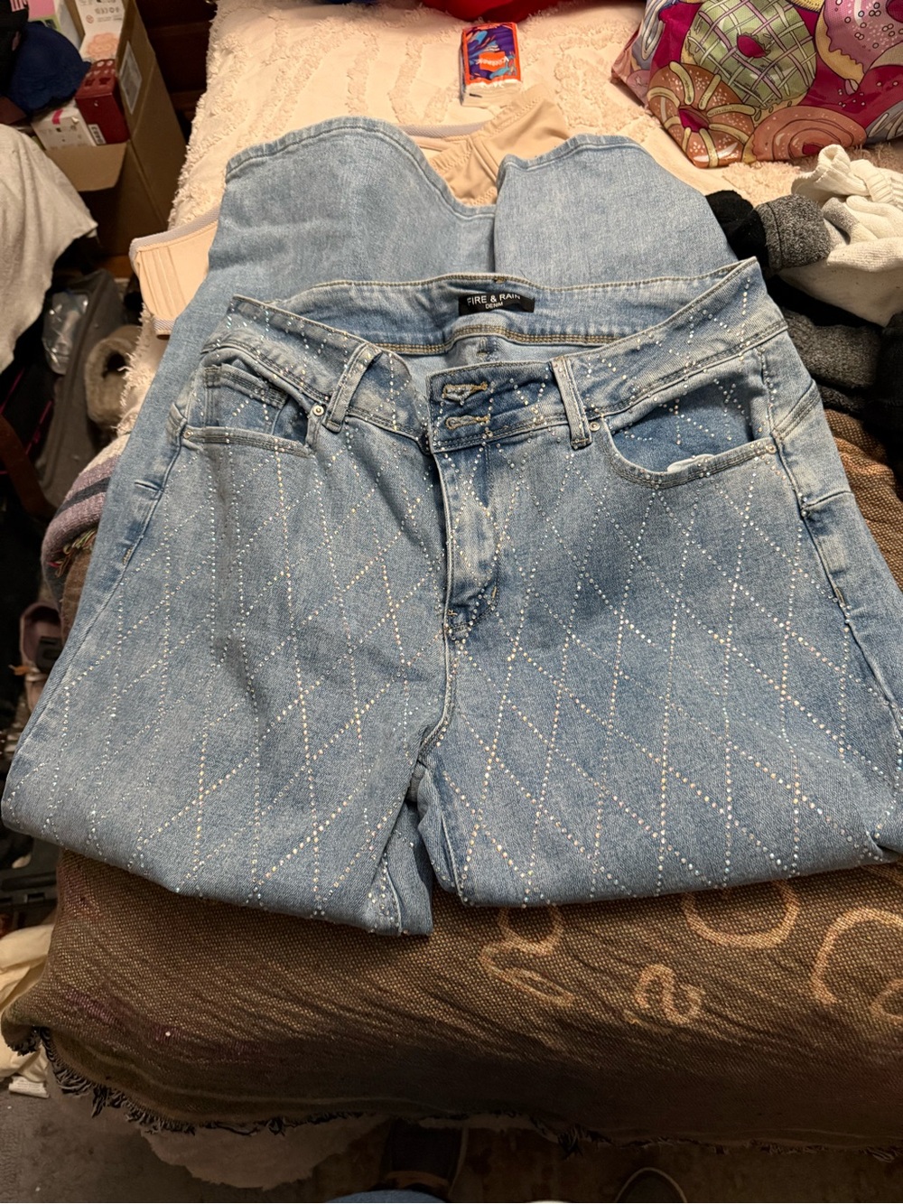 Light Blue Straight Leg Jeans with Diamond Crystal Stitching